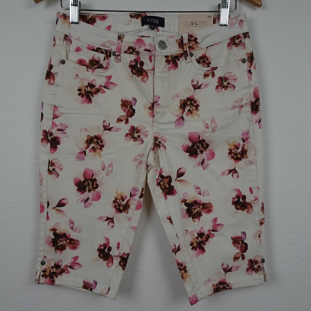 NYDJ Shorts Women's Petite Size 6P White Pink Floral Print Stretch Bermuda